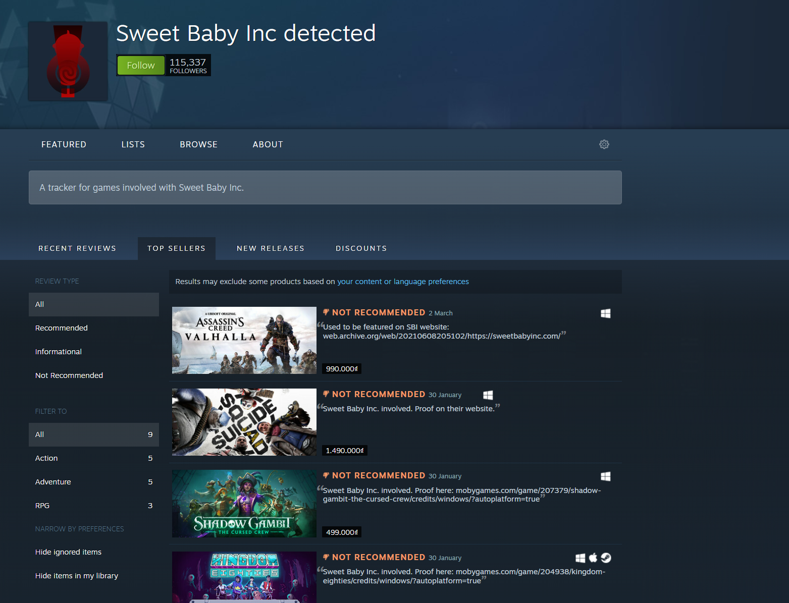 Sau thất bại của Suicide Squad: Kill the Justice League, một curator trên Steam được tạo đến tránh các game tương tự