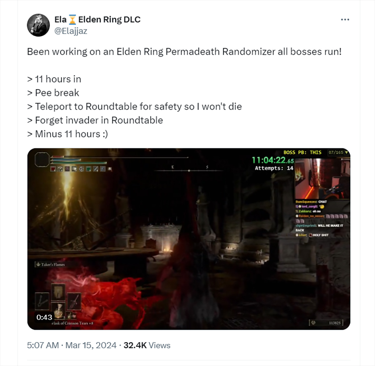 Streamer Elden Ring mất trắng 11 giờ cày game chỉ vì đi “giải quyết nỗi buồn” không đúng lúc