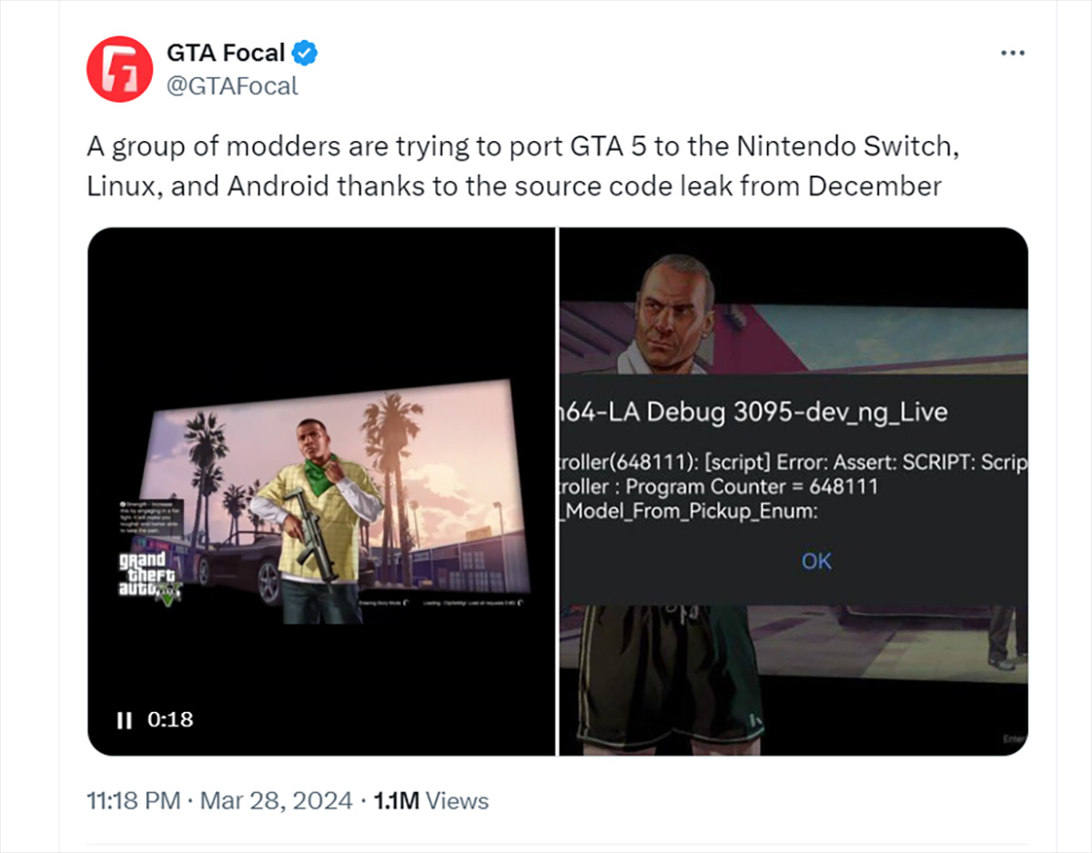 Modder đang cố dùng mã nguồn GTA 5 để chuyển hệ game lên Switch và Android