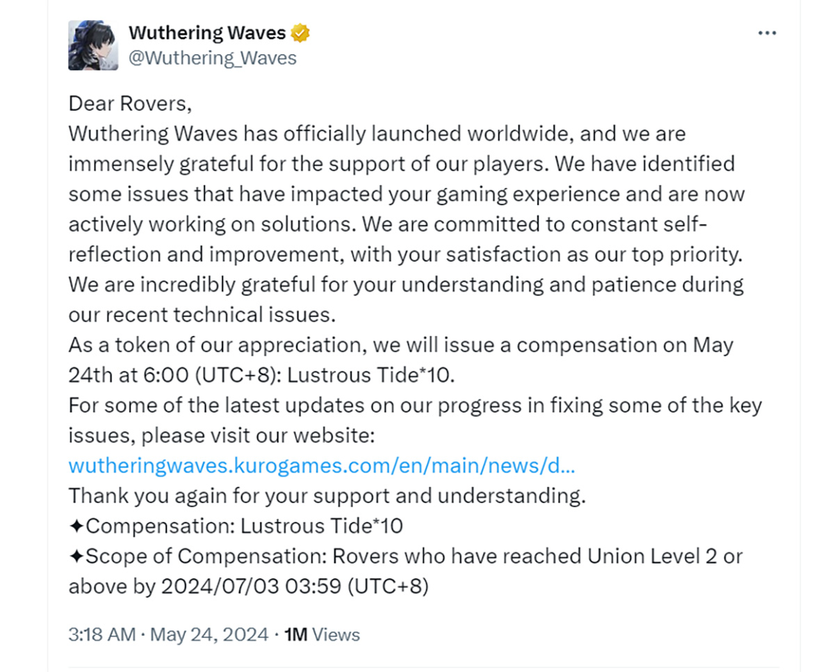 Kuro Games lên tiếng xin lỗi vì chuỗi bất ổn trong ngày đầu phát hành Wuthering Waves