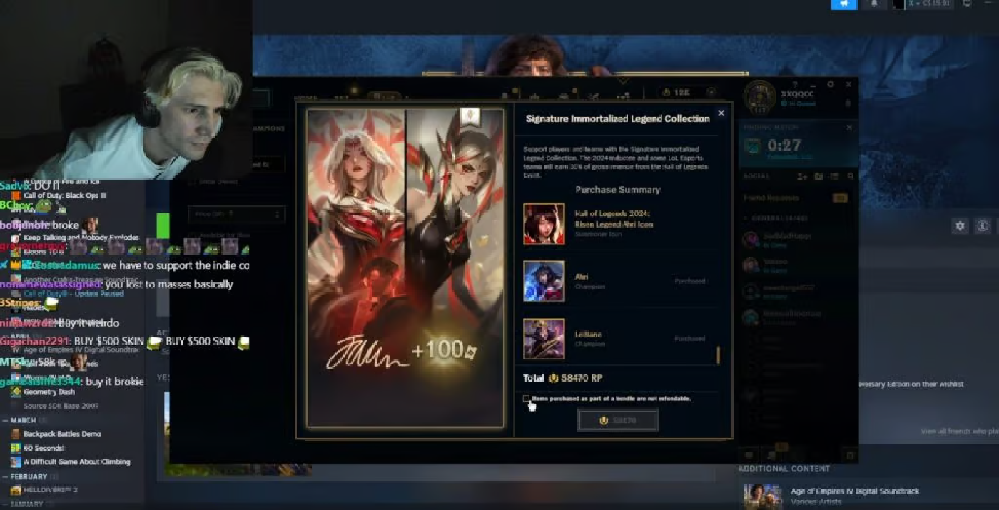 Streamer xQc chỉ trích Riot Games vì skin LMHT đắt đỏ rồi mua luôn skin đó