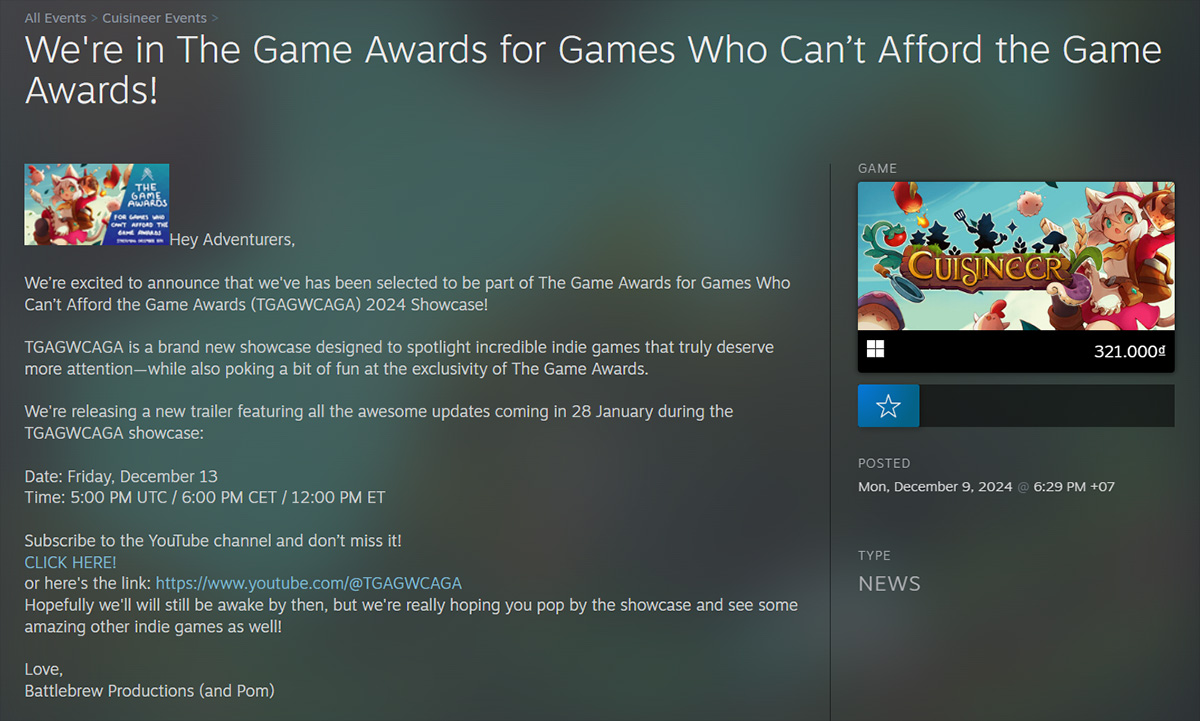 The Game Awards for Games Who Can't Afford the Game Awards – Giải thưởng kỳ lạ cho indie game