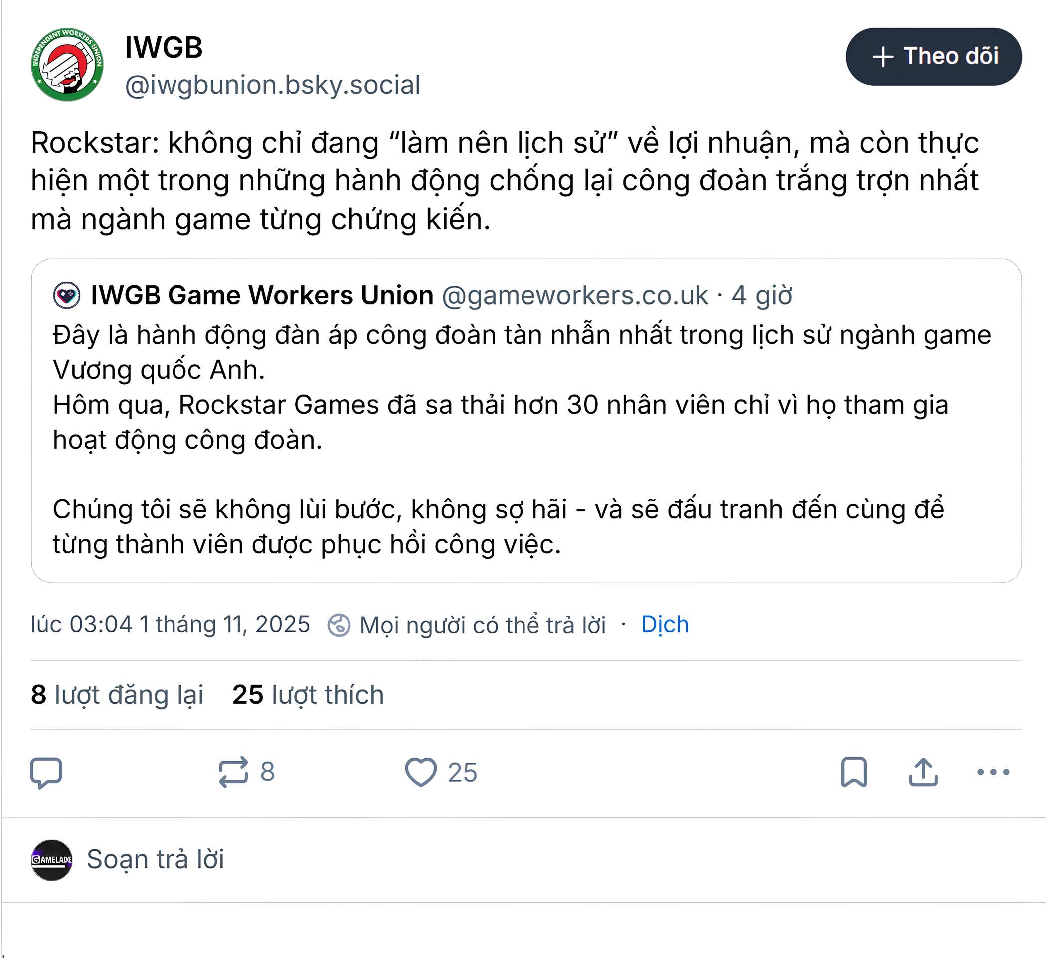 Rockstar đối mặt cáo buộc sa thải hàng loạt nhân viên do nỗ lực thành lập công đoàn - Gamelade