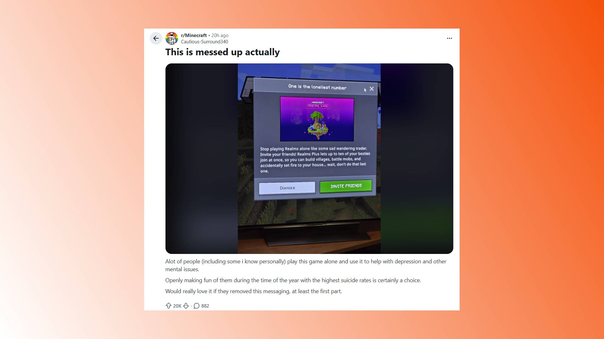 Minecraft hứng chỉ trích vì thông báo quảng bá bị cho là xúc phạm người chơi solo - gamelade