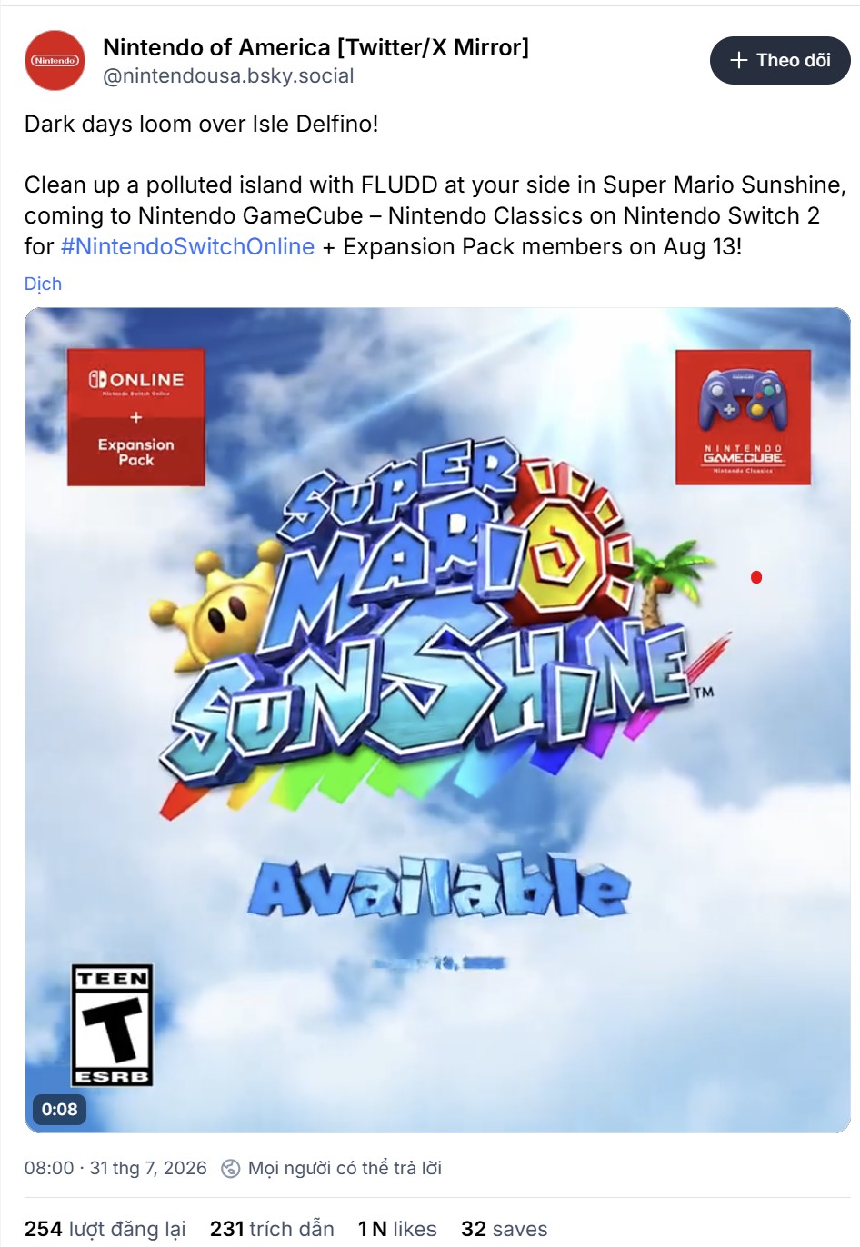 Tựa game kinh điển Super Mario Sunshine chính thức cập bến nền tảng Switch 2 - Gamelade